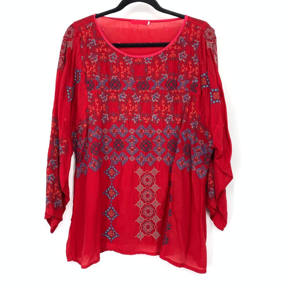Johnny Was Tunic Womens L Red Embroidered Boho Geometric Beaded Blouse Top
